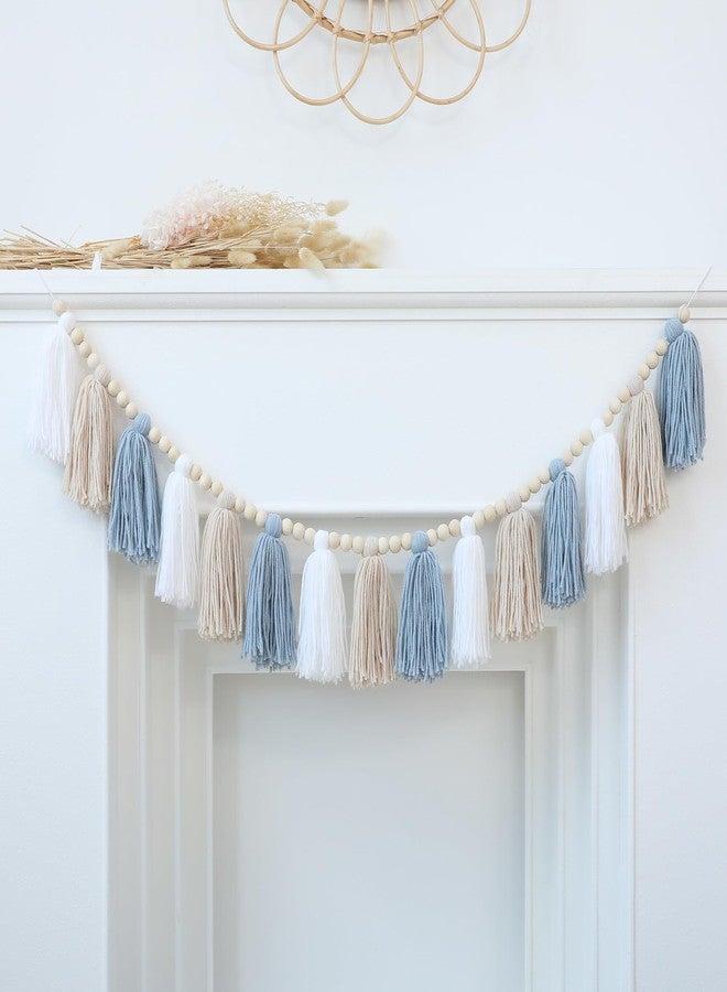 DCJHFJ Boho Tassel Garland Wall Hanging with Wood Beads Blue Tassel Garland for Baby Shower Kids Room Bedroom Nursey Back to School Decorations - Image 1